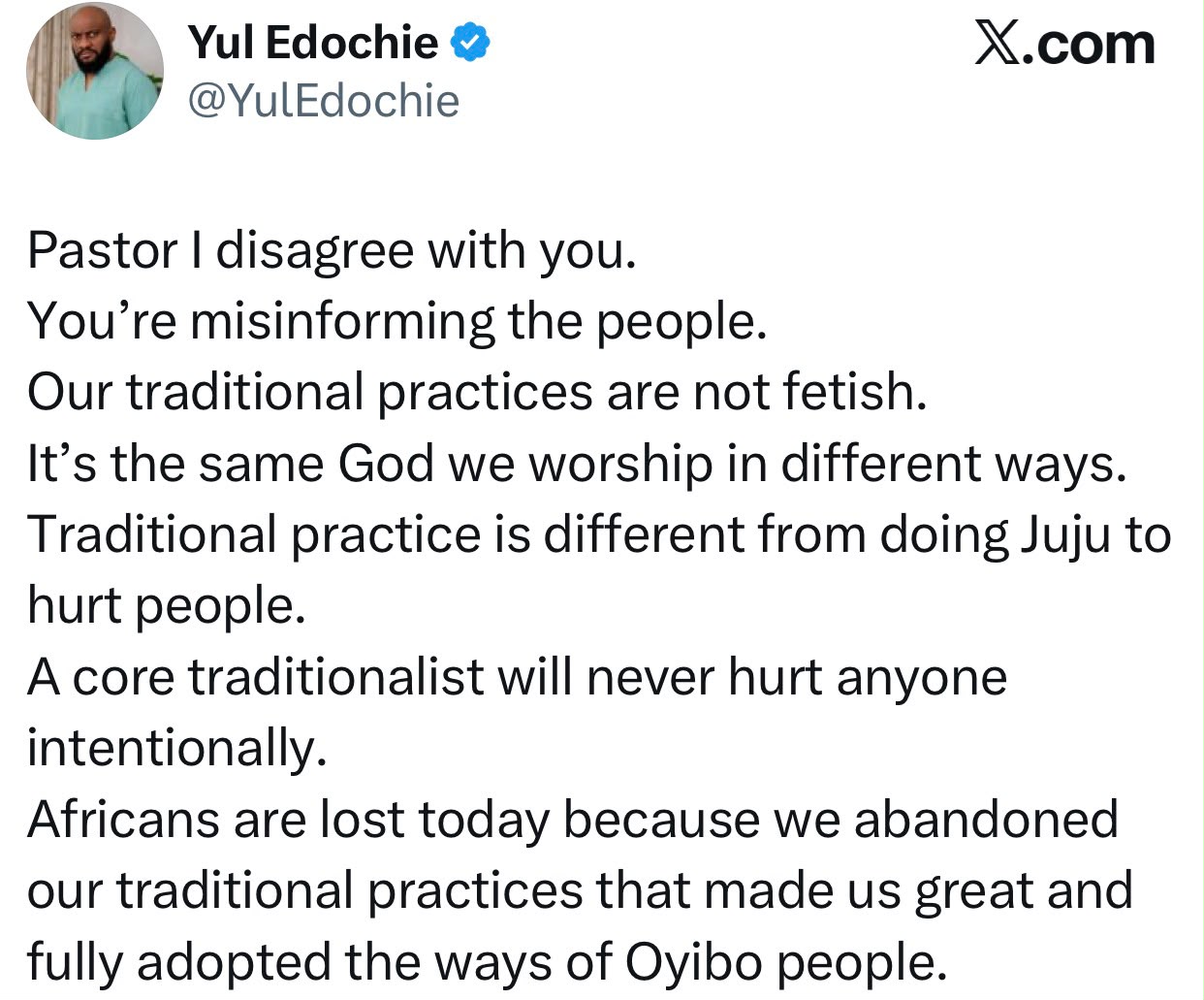 You are misinforming people" - Actor Yul Edochie tackles Pastor Paul Enenche for calling African traditional worship a 'dark practice'